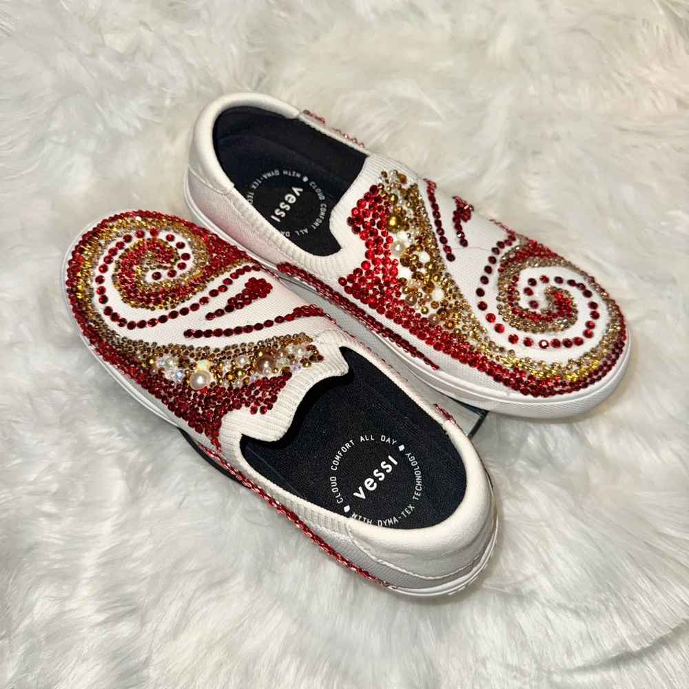 Hand-Embellished Ruby & Gold Rhinestone Sneakers Custom Wearable Art Statement